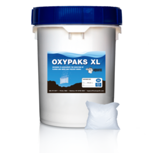 A pail of Oxy Paks XL, to boost oxygen sources in wastewater treatment, with a product packet for easy application in front of it.