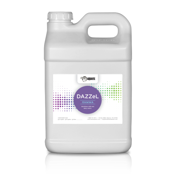 A jug of DAZZeL Gamma, a product for dairy processing plants to help control odours from waste.