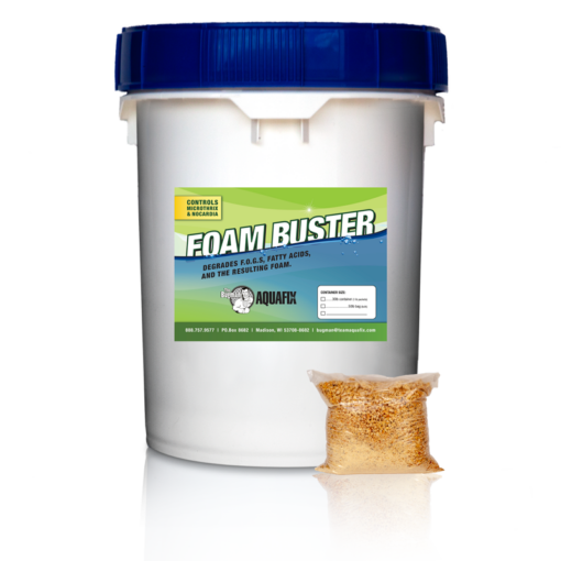 A bucket of Foam Buster, designed to address the underlying cause of foaming, with a product packet in the image.