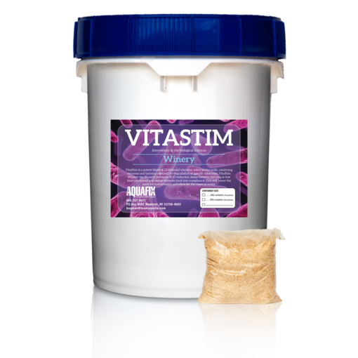 Five-gallon pail of VitaStim Winery product with select biostimulants to improve wastewater treatment for wineries.