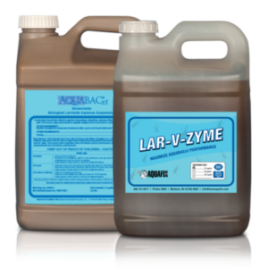 Image of two jugs, one of Larve-Zyme and the other, AQUABACxt, the two-part product that eliminates midge flies and red worm larvae in wastewater treatment plants.