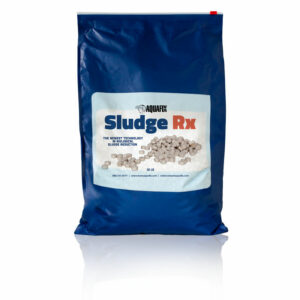 A bag of SludgeRx pellets, made of biostimulants and bacteria designed to reduce the volume of sludge in a pond or wastewater lagoon.