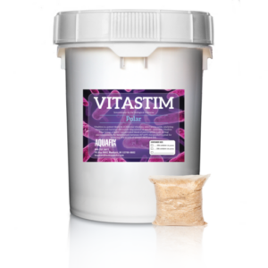 A bucket and package of VitaStim Polar, used in cold water and winter treatment of wastewater lagoons to improve and reduce sludge.